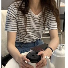 딜라인 여성 베이직 스트라이프 라운드넥 반팔 티셔츠 순면