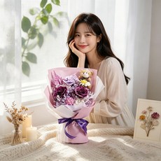 비누꽃 부케 테디베어 인형 여성 생일 및 명절 선물, 보라색 꽃다발 인형 포함, 1개