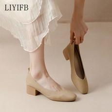 LIYIFB 소가죽 여성단화 미들힐 펌프스 빅사이즈 통굽 구두 3cm 5cm 255-220