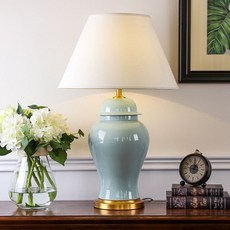 세라믹 호리병 테이블 램프 앤티크 침실 스탠드 조명, 버튼 스위치, 셀라돈블루 대형 캔 높이 66cm