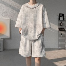 重磅休閒運動套裝男 夏季青少年寬鬆印花圓領短袖T恤短褲套裝 短袖T恤男