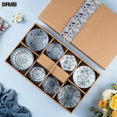 DFMEI 日式青花米飯碗陶瓷餐具禮盒套裝家用小碗陶瓷碗禮盒裝創意伴手禮, 1個, 日式盒 4碗4碟 花色隨機, 參考詳情