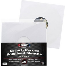 BCW 12인치 비닐 LP 레코드 슬리브 50개 세트 중앙 구멍 검은색 폴리라인드 내부 보호 산성 없음 긁힘 방지 DJ 수집가에게 이상적, 흰색