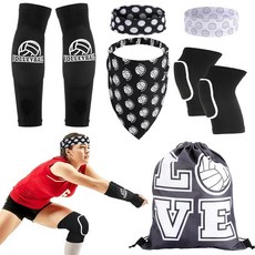 Hoemwarm 6피스 배구 액세서리 키트 청소년 여아용 무릎 패드 팔 슬리브 드로스트링 백 소프트볼 머리띠 보호 장비 선물 여성 초보자 십대, 1개