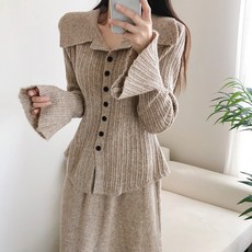 요시아나 [당일발송] 피네타 카라넥 나팔소매 골지 니트 가디건 롱스커트 투피스 세트 2컬러