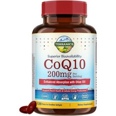 테라닉스 코큐텐 200mg 코엔자임 Q10 엑스트라 버진 올리브 오일 함유 흡수력 향상 미국산 건강 지원 보호 에너지 생산 비유전자변형 Terrancs, 120개 (1팩)