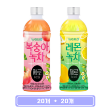 웰그린 복숭아녹차 제로 + 레몬녹차 제로, 20세트, 500ml