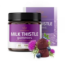 HERBAMAMA 밀크 씨슬 보충제 - 간 클렌징용 씨앗 젤리 1500mg 비건 실리범 마리아눔 함유 지원 펙틴 기반 블루베리 맛 츄 60개, 1개