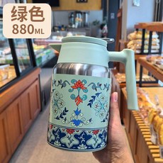 保溫水壺 880ML 燜茶壺 泡茶保溫壺 高顏值辦公室壺 宿舍熱水壺, 敦煌復古繪蓮 綠色, 1個