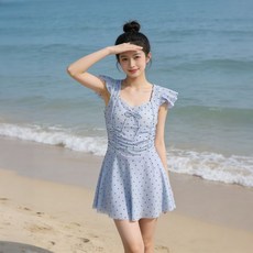 夏季女士連體裙式少女甜美波點泳裝保守顯瘦沙灘溫泉度假泳衣批發