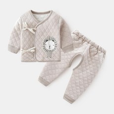 新生兒保暖兩件套 嬰兒夾棉繫帶衣服 寶寶獅子造型套裝