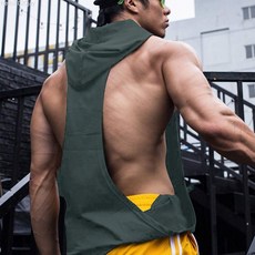 肌肉運動背心健身訓練印花寬鬆健美服連帽坎肩背心男帶帽上衣