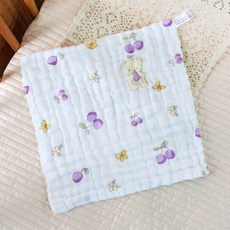 六層紗布口水巾方巾小方巾：柔軟吸水、多用途寶寶手帕、兒童洗臉巾、幼兒園必備, 1個, A-11-櫻桃小熊【30*30】, 白色