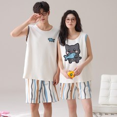 여성 남성 커플 캐주얼 심플 여름 캐릭터 행운 민소매 탱크톱 반바지 파자마 소프트 홈웨어 세트 2 피스