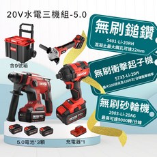 DEVON 20V 無刷三機組 (含電動板手 錘鑽 砂輪機) 附5.0電池*3 充電器*1 含9號箱, 1套