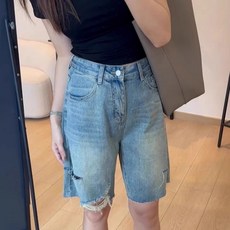 VIISHOW 여성 여름 시원한 5부 찢청바지 와이드 청반바지