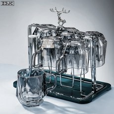 Z3JC 輕奢麋鹿水杯架鐵藝電鍍倒掛瀝水架子家用廚房水杯水具套裝收納架, 1個, 銀色麋鹿架+字母綠盤+帶把菸灰杯6個:如圖