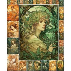 디커플리지 페이퍼 팩(35매 6 x8 ) 꽃과 자연에 둘러싸인 예쁜 숲속 요정 여성들 공예 및 스크랩북을 위한 아트 누보 알폰 무차 빈티지 그림 카드