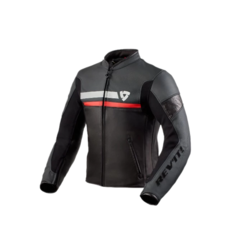 REV'IT! 時尚皮革摩托車夾克，安全耐磨，透氣舒適，夜間反光, 黑紅