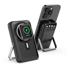 THOUSTA 맥세이프 대용량 보조배터리 고속충전 PD22.5W 거치대 케이블 일체형 무선 배터리 10000mAh, 1개, 블랙