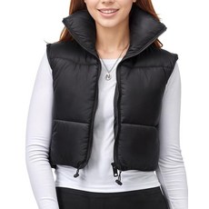 NY Threads 크롭 퍼퍼 조끼 여성용 경량 스탠드 칼라 민소매 집업 겨울 패딩 질레 블랙. 11st_amz 197651 8146073102