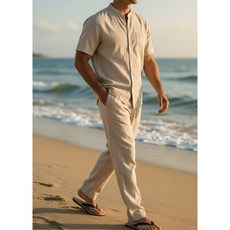 美式亨利領沙灘襯衫短袖長褲兩件套裝, 2XL,ZW-16-卡其