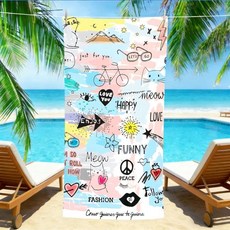 두들 아트 러브 비치 타월 해피 피스 사인 프린트가 대형 사이즈의 건조성 모래 방지