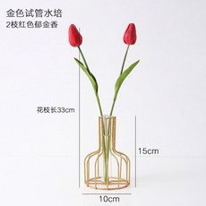 客廳假花仿真花塑料花擺件ins客廳酒櫃餐桌房間鬱金香插花裝飾品 ins日韓風 仿真花擺件 客廳香插花擺件qct6r0, 金色水培花瓶+紅色鬱金香, 1個