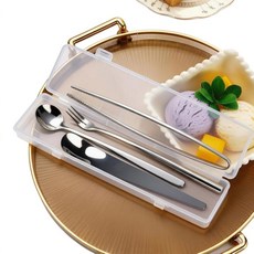 핸들 스테인리스 스틸 식기 스푼 플랫 포크 안경 스푼 헤비 완료 세트 디저트를 선물 듀티 8인치 집게가 주방 위한 도구 포함된 케이스가 슬림 커피 4피스 수납 준비 PP, 1 package