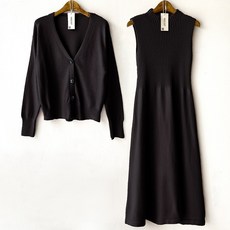 NEMO&LOOK 女款羅紋無袖連身裙+V領長袖針織開襟衫, 黑色的
