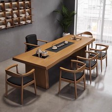 辦公室實木茶桌椅組閤：現代簡約泡茶桌、原木茶臺、一體式茶盤設計, 套裝2.8米桌+1學士椅+5總統椅, 1個