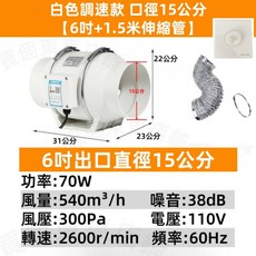 OWEISEN 斜流增壓排風扇, 調速款白6吋口徑15公分+1.5米管