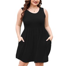 AusLook 플러스 사이즈 여성용 여름 탱크 드레스 캐주얼 민소매 크루넥 플리츠 베이비돌 스윙 선드레스 포켓 포함 1X-5X A29-멀티 컬러 블로썸 다크 2X 13459, A01-블랙