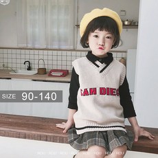 鹿拉拉 LU-LALA 韓版男女童針織背心，秋冬純棉V領學院風字母背心，尺寸90/100