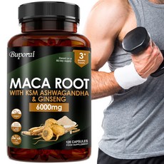 KSM Ashwagandha 및 인삼이 함유된 마카 뿌리 캡슐 - 6000mg 마카 뿌리 + Ashwagandha KSM-66 Panax 인삼 및 흑후추, 1개, 60정