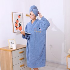 加厚交叉綁帶浴袍 女士浴巾浴裙兩用 幹發帽家居沐浴袍 菠蘿格材質可愛風格家用浴衣 #霧霾藍 #長袖綁帶浴袍90*140cm, 長袖綁帶浴袍90*140cm