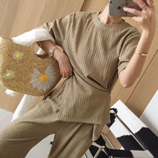 [아이미마인] 굿데이 링클프리 라운드 언발단추 반팔티 밴딩 와이드팬츠 여름 투피스세트 (4color)
