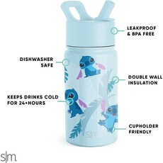 啵比小舖 美國Simple Modern 迪士尼兒童不銹鋼吸管水瓶/保溫保冷水壺 414ml, 1個, Tropical Stitch, 藍色