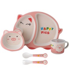 可愛卡通環保竹粉竹纖維兒童餐具套裝五件套幼兒園寶寶碗分格餐盤, 1個, 如圖, 快樂豬