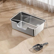 一體式不鏽鋼貓砂盆 高圍欄防外濺貓廁所, 1個, 帶防滑貼和鏟子