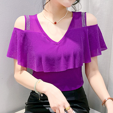 모네르 오프 숄더 러플탑 여성 라인댄스복 상의, 퍼플