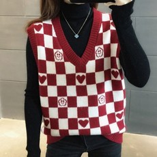 아이엠몽 여성용 도미 체크 패턴 브이넥 니트 조끼