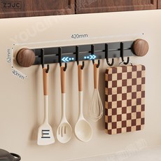 Z3JC 吸盤廚房掛鉤廚房置物架免打孔掛杆鍋鏟勺子一排掛架壁掛式架子, 1個, 木紋廚房排鉤6鉤:如圖