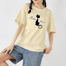 스타일아유 여성 여름 순면 프린트 고양이 루즈핏 반팔 티셔츠 빅사이즈 M~2XL 오버핏 반팔티 롱티 캐주얼 오버핏 자체제작[A3G3TS1698]