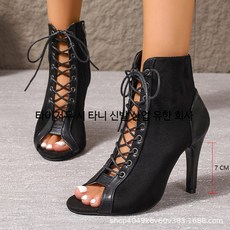 여성 스트랩 샌들 레이스업 스틸레토 힐 앞코 트임 펀칭 디자인 여름 여성신발