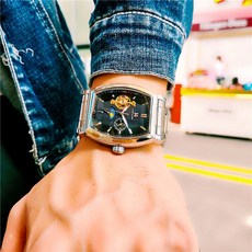 奧古拉斯自動手錶男，鏤空夜光防水月相陀飛輪機械錶，酒桶型商務休閒男錶, 本色黑面 鋼帶款, 1個