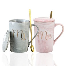 Fine 미세스 앤 미스터 세라믹 커플 머그컵 400ml 2개입 선물 세트 티스푼 포함, 그레이, 핑크, 1세트