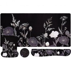 MOSISO 키보드 마우스 패드 세트 대형 게이밍 & 손목 받침대 컵받침 인체공학적 미끄럼 방지 레트로 플라워 플로럴 (메모리폼 쿠션 포함) 가정 및 사무실용 블랙 107, Black