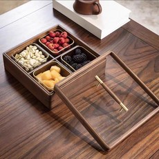 北美黑胡桃木質收納盒，附玻璃蓋，適用於零食、糖果、堅果、水果盤, 提手款4格果盒（帶玻璃碗）, 1個