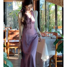 Yellwel 여자 여름용 도트 무늬 백리스 슬림핏 롱 원피스 DJP